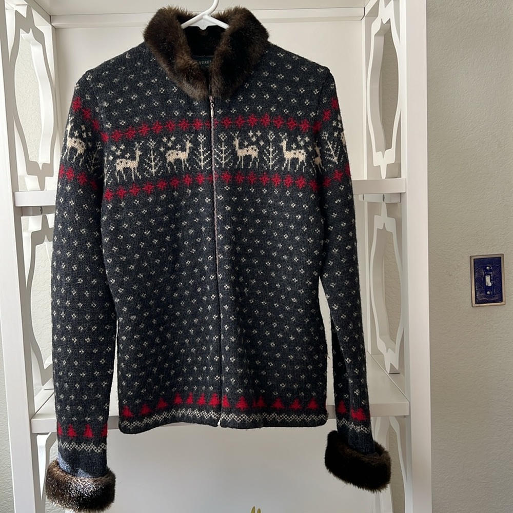 Ralph Lauren Black & Red Fair Isle Wool Zip Cardigan with Fur Trim